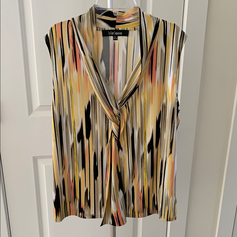 Tan and Black Tie Front Blouse with Mandarin Collar